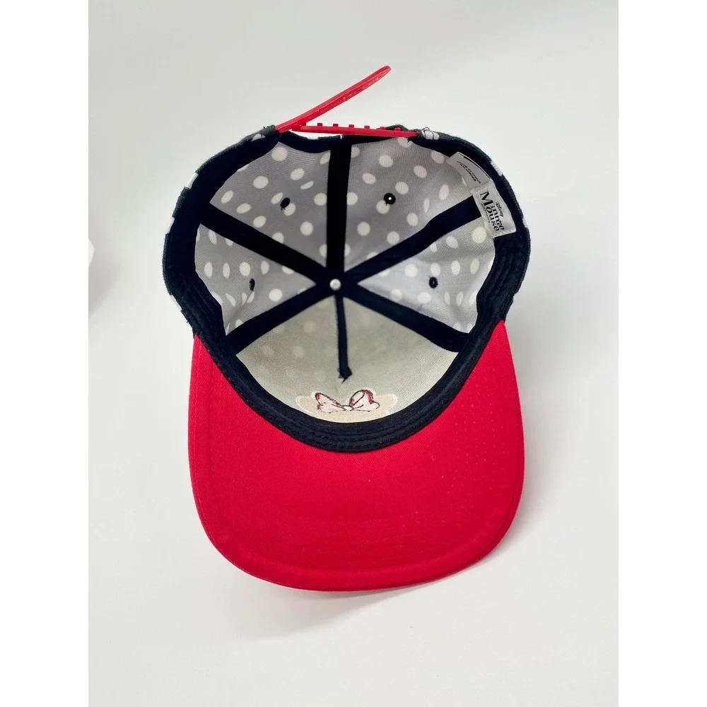 Disney Minnie Mouse Polka Dot Snapback Hat Black Red Flat Brim Sequin Patch Cap